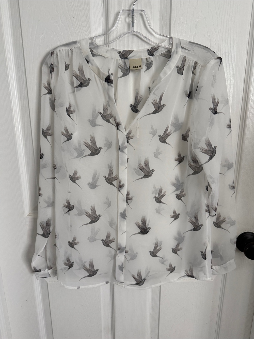 ecru Sheer White Blouse with Gray Bird Print